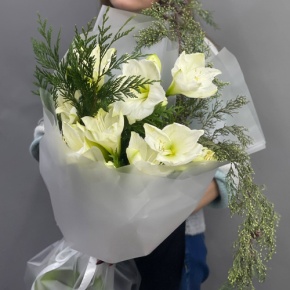Букет "Путеводная звезда" из белых амариллисов и нобилиса в Коломне
