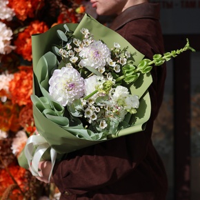 Букет "Ольга" из георгин, молюцеллы, эустом, хамелациума и орнитогалума в Коломне