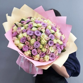 Букет из 101 розы пастельный микс и роз Меритим (40 см) в Коломне