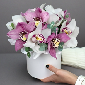 Композиция в шляпной коробке из 11 орхидей в Коломне